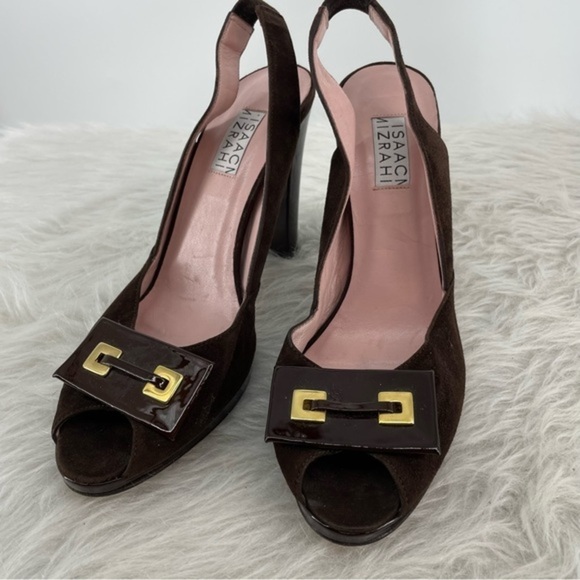 Isaac‎ Mizrahi Brown suede Slingbacks Made In Italy Pumps peep toe Sz 8 - Picture 2 of 8